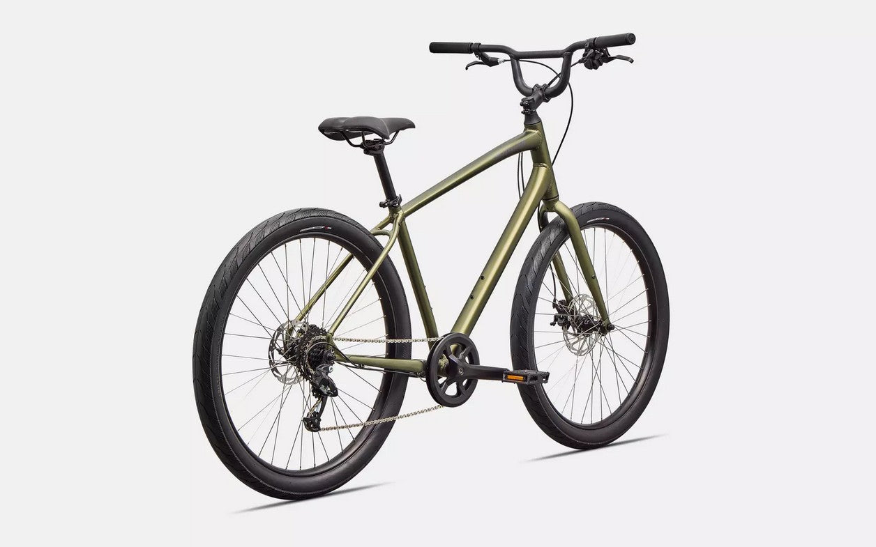 Back right profile view of an olive green Specialized Roll bicycle with black components on a white background. 