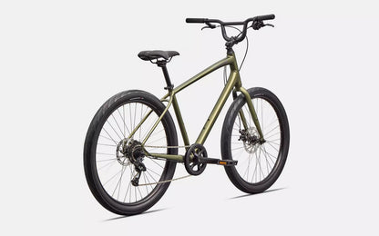 Back right profile view of an olive green Specialized Roll bicycle with black components on a white background. 