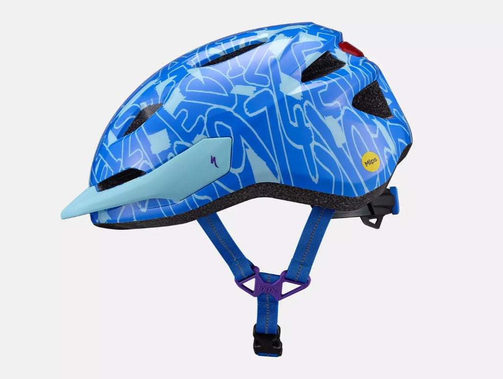 Side view of a blue patterned Specialized Shuffle LED 2 child's bicycle helmet on a white background. 