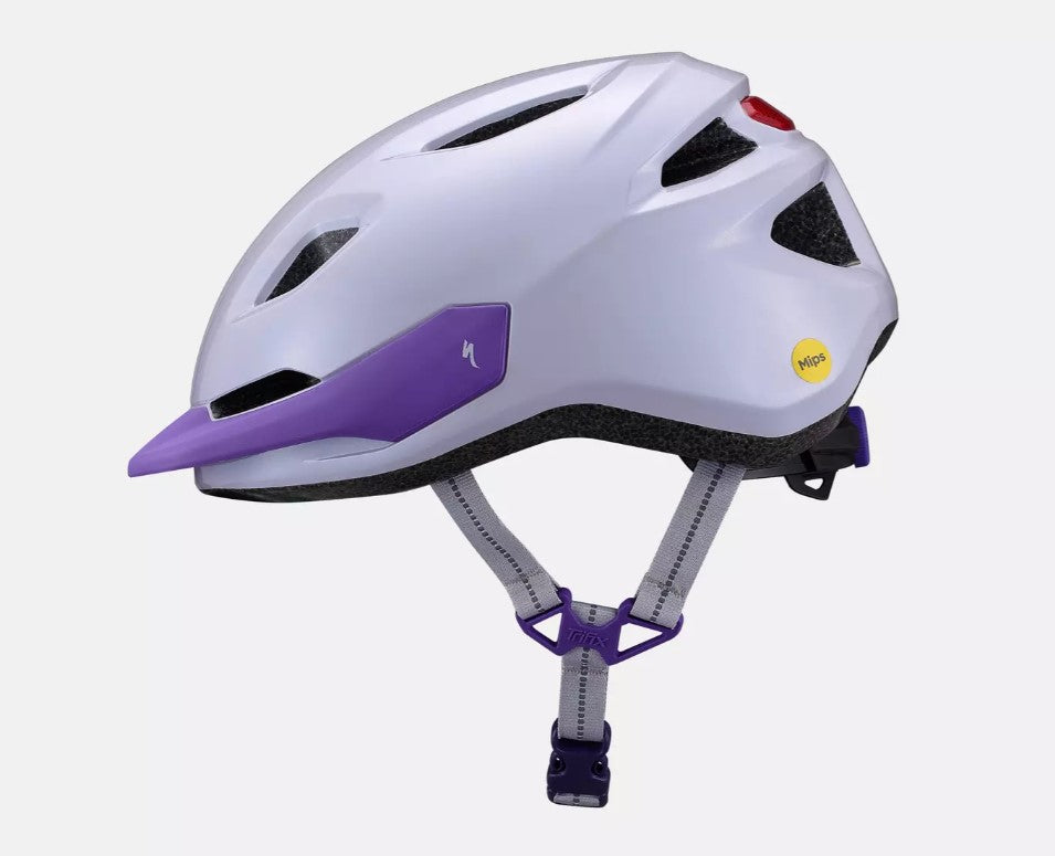 Side view of a light purple Specialized Shuffle LED 2 child's bicycle helmet on a white background. 