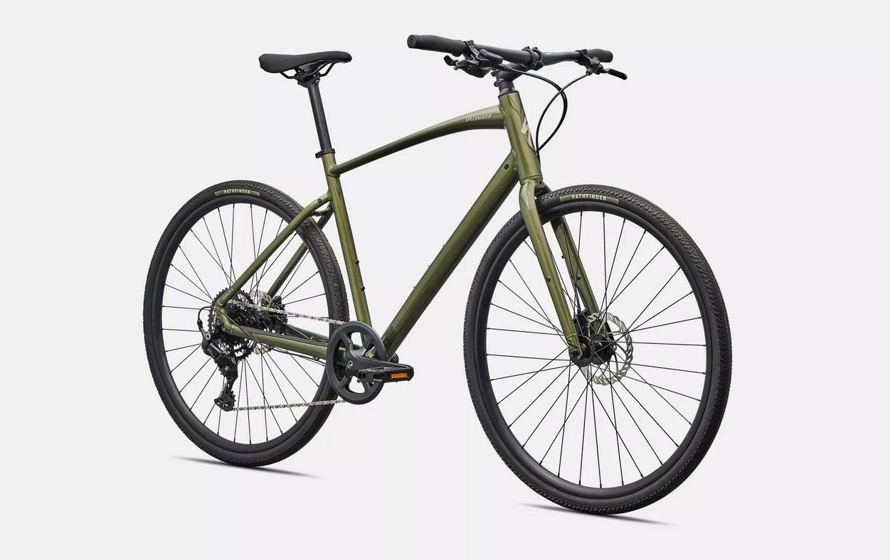 Front right profile view of olive green Specialized Sirrus X bicycle with black components on a white background. 