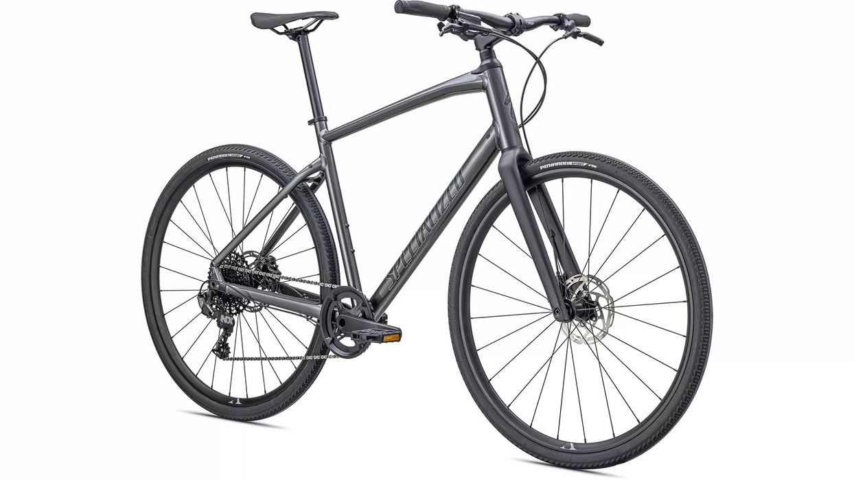 Specialized Sirrus X 4.0 Smoke Grey Black cross bike hybrid path and pavement front quarter view
