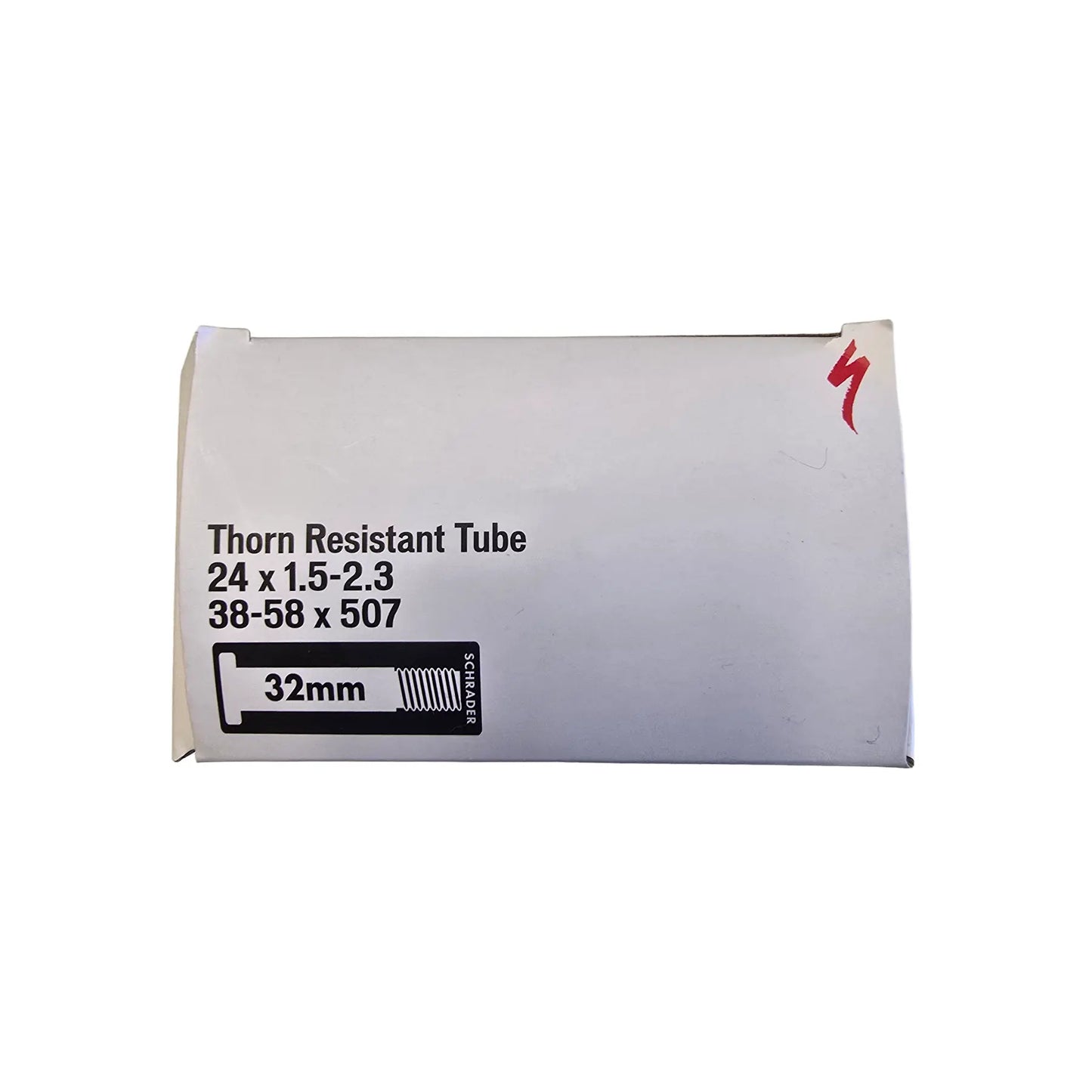 The Specialized Thorn Resistant Schrader Valve Tube 24 x 1.5-2.3 inch (507mm) in a white box with sizing against a white background.