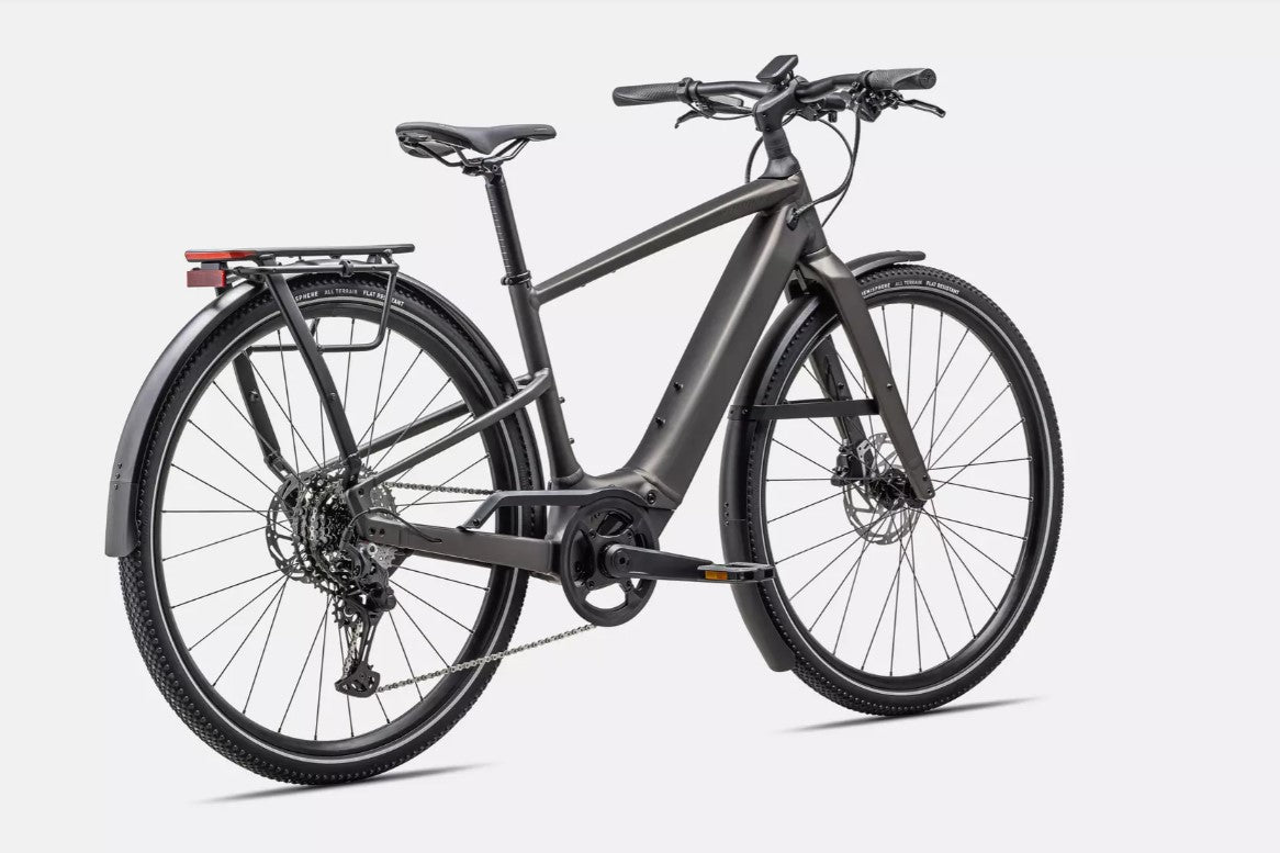 Right profile of dark grey Specialized Vado SL electric bicycle with black components on a white background