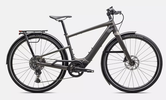 Dark grey Specialized Vado SL electric bicycle with black components on a white background.