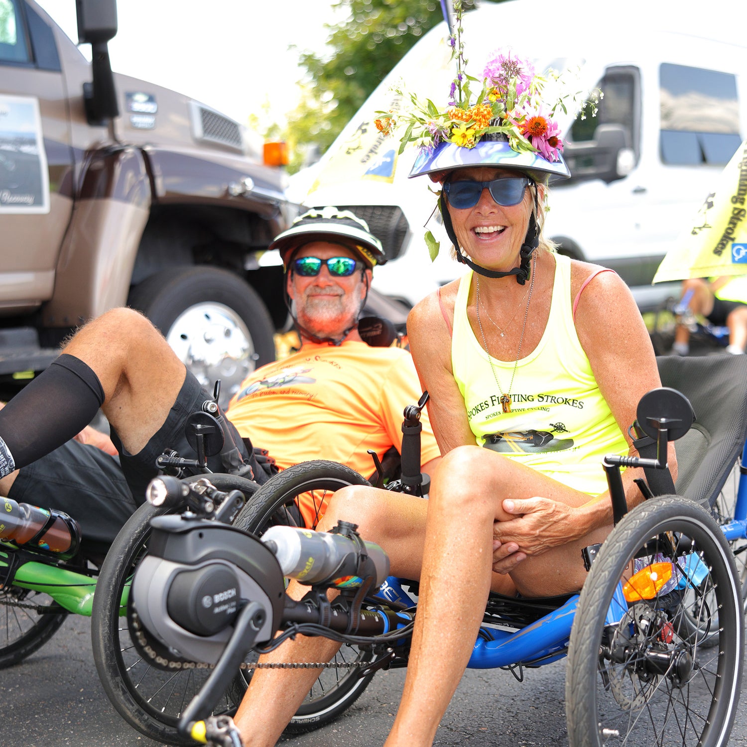 Dan and Mae, from Spokes Fighting Strokes, on recumbent trikes at the Pedal Point Rally.