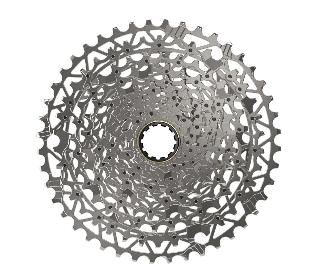 Back view of silver 12 speed SRAM XPLR cassette on white background