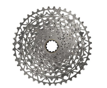 Back view of silver 12 speed SRAM XPLR cassette on white background