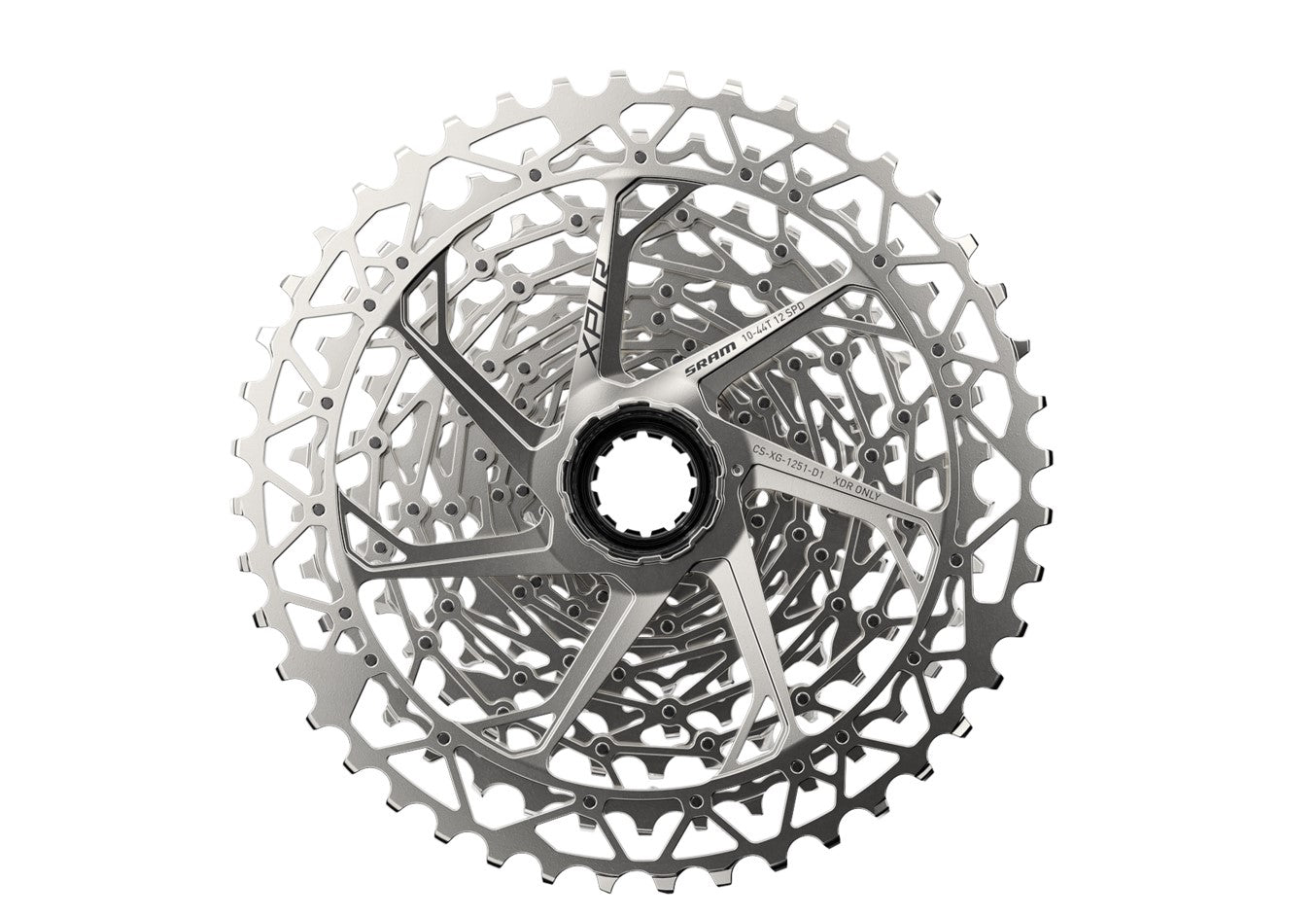 Front view silver 12 speed SRAM XPLR cassette on white background