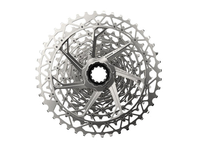 Front view silver 12 speed SRAM XPLR cassette on white background