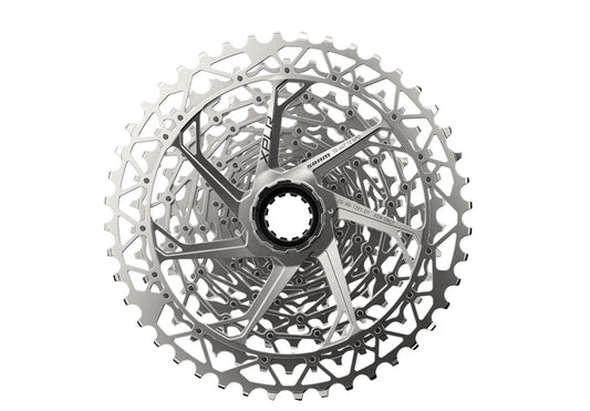 Front view silver 12 speed SRAM XPLR cassette on white background