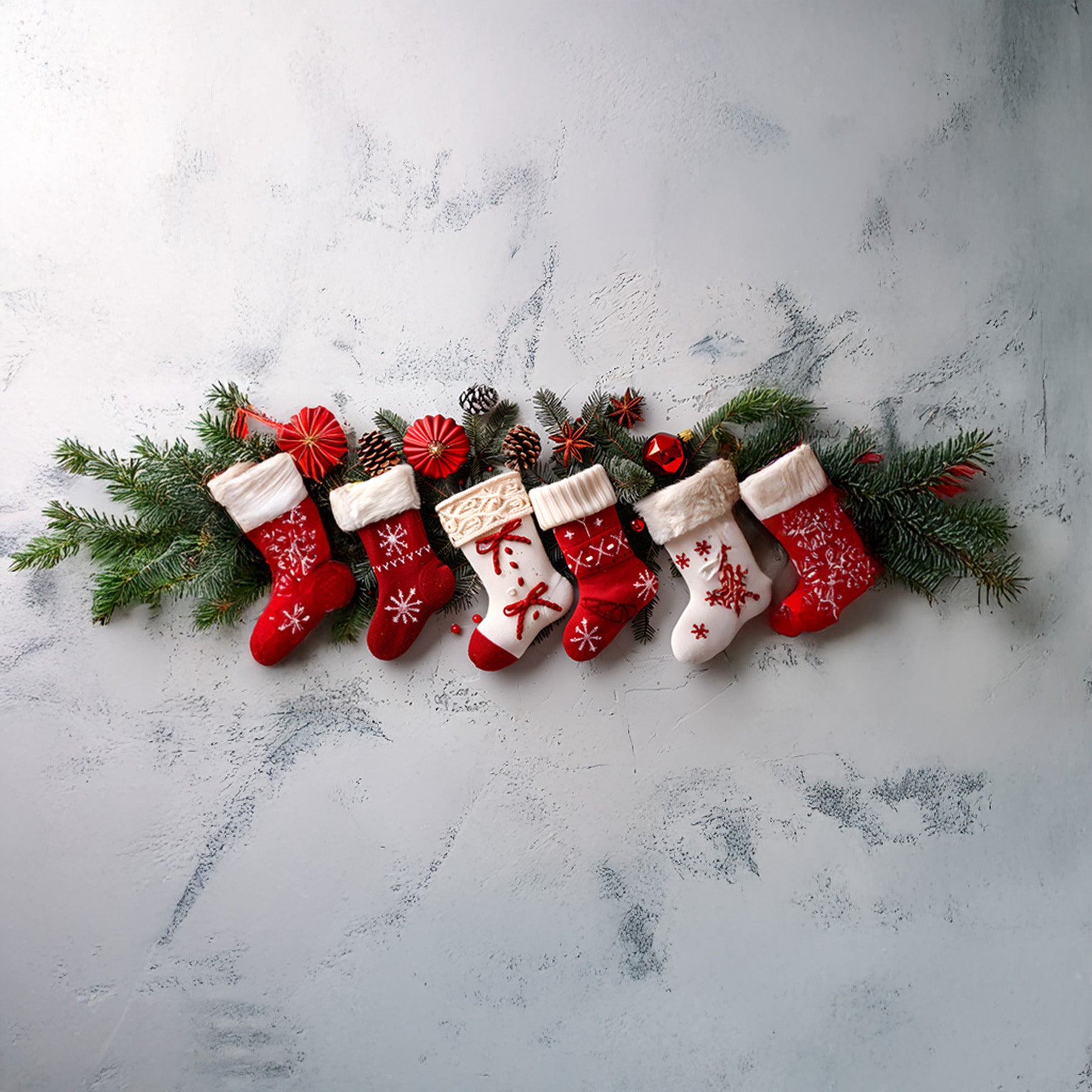Set of red and white Christmas stockings with decorative elements on a light gray background