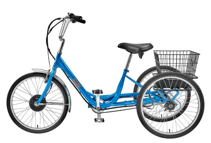 Left profile view of a blue Sun E350-B1 Electric tricycle with a black basket on a white background.