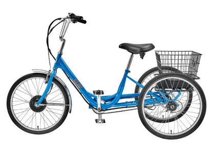 Left profile view of a blue Sun E350-B1 Electric tricycle with a black basket on a white background.