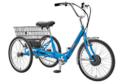 Front right angled view of a blue Sun E350-B1 Electric tricycle with a black basket on a white background.