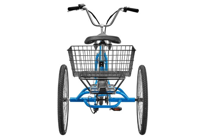 Back view of a blue Sun E350-B1 Electric tricycle with a black basket on a white background.