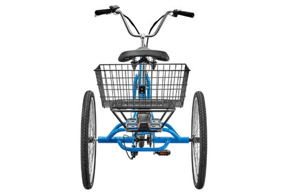 Back view of a blue Sun E350-B1 Electric tricycle with a black basket on a white background.