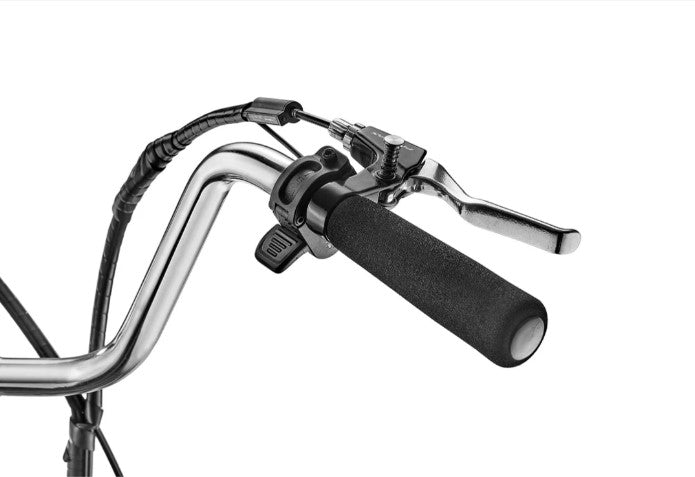 Close-up of a motorcycle handlebar and throttle of a Sun E350-B1 Electric trike with black grips and chrome accents on a white background