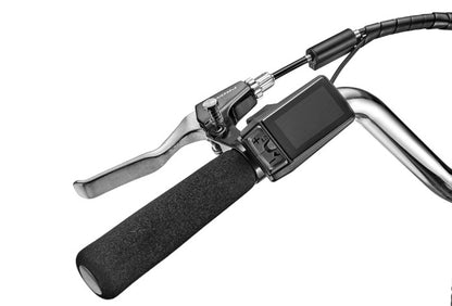 Close-up view of the left handlebar with black grips and a computer display on a Sun E350-B1 Electric tricycle on a white background.