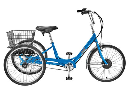 Right profile view of a blue Sun E350-B1 Electric tricycle with a black basket on a white background.