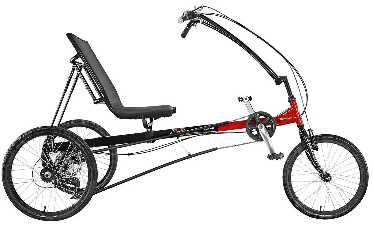 Side view of the Sun Seeker Eco Delta SX 7 speed recumbent trike with a black (back half) and red (front half) frame, adjustable seat and over-seat handlebars.  