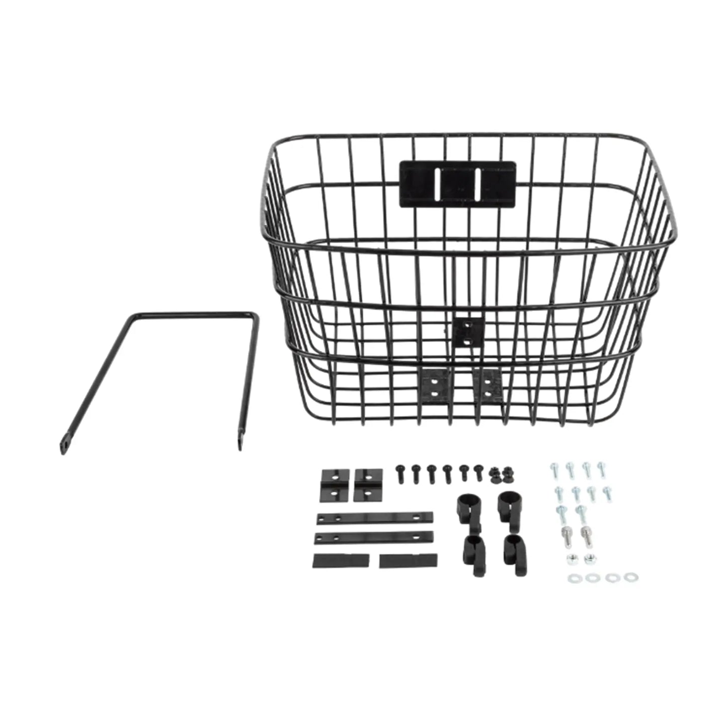 The Sun Seeker Recumbent Trike Basket in black with mounting hardware against a white background.