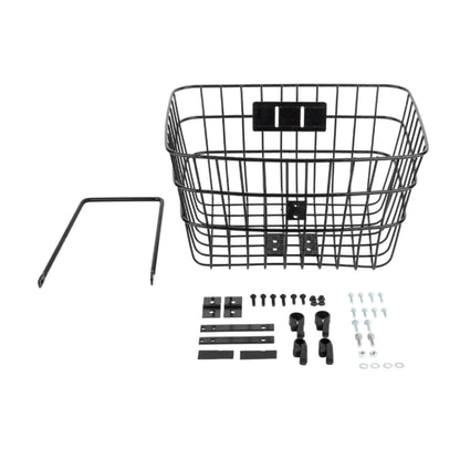 The Sun Seeker Recumbent Trike Basket in black with mounting hardware against a white background.