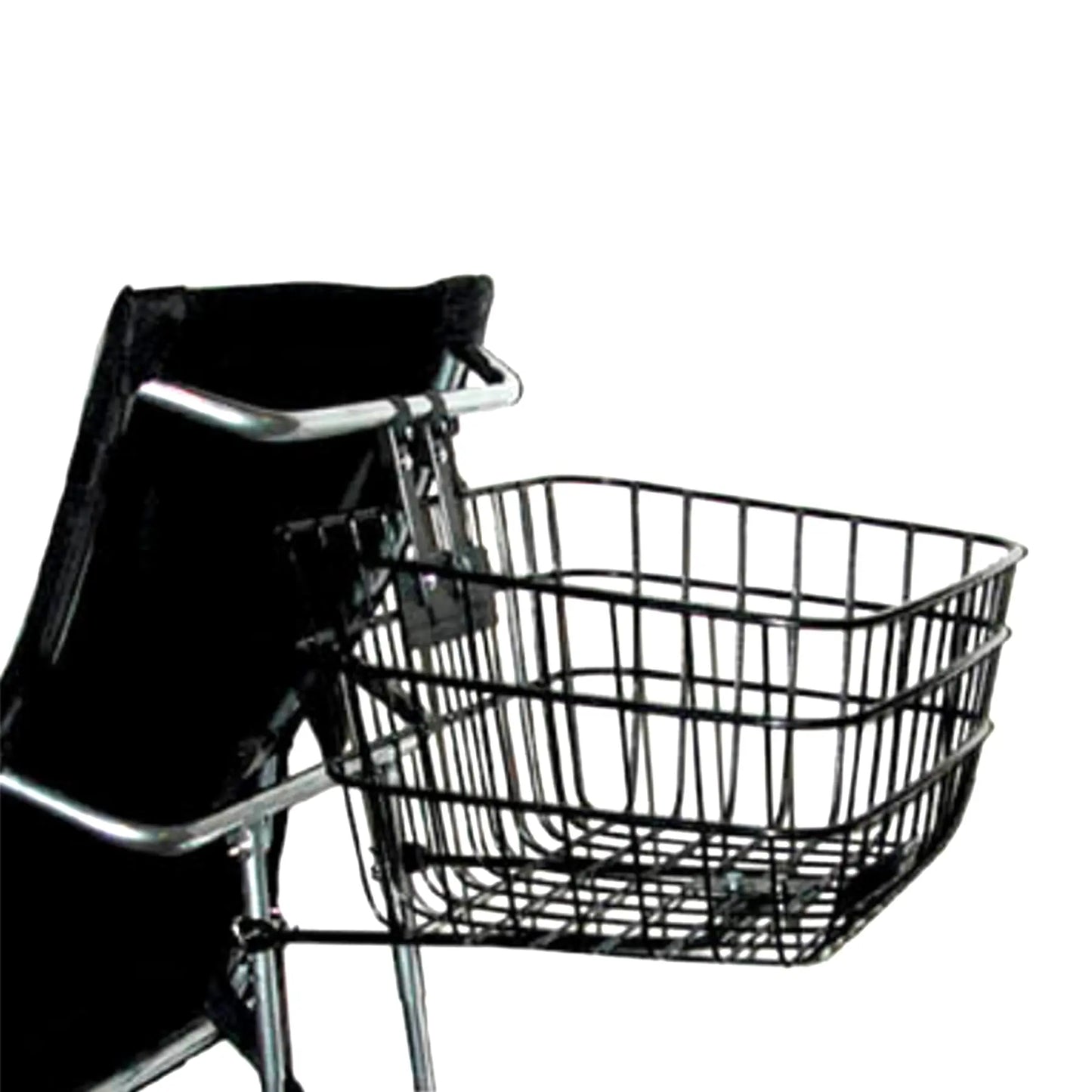 The Sun Seeker Recumbent Trike Basket in black mounted on a delta recumbent trike seat back against a white background.