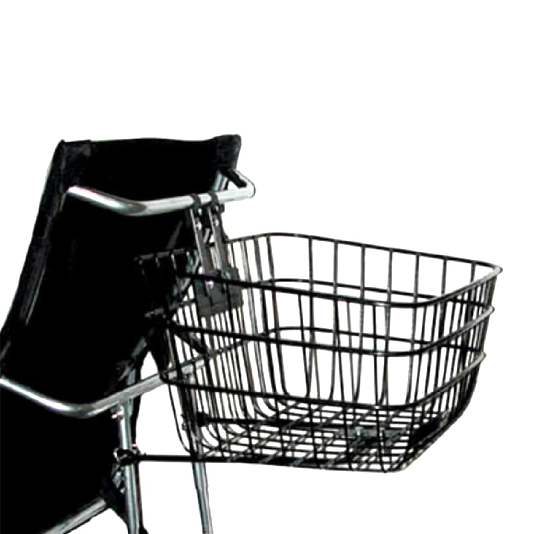 The Sun Seeker Recumbent Trike Basket in black mounted on a delta recumbent trike seat back against a white background.