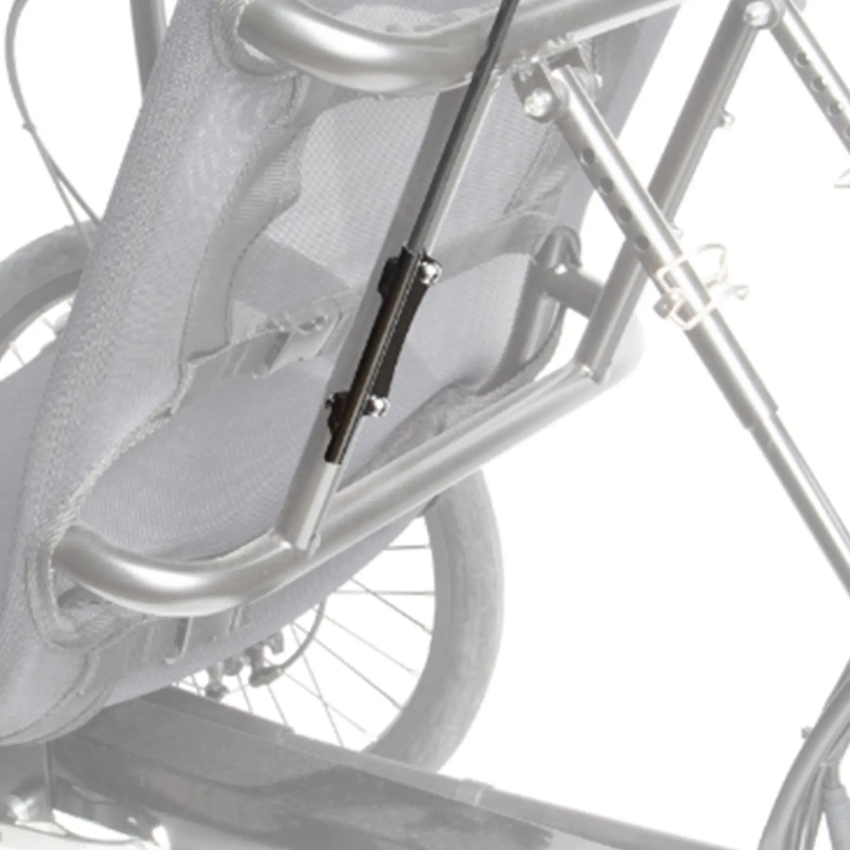 View of the Sun Seeker Safety Flag Mounting Bracket in black mounted on the back of a Sun Seeker recumbent trike seat against a white background.