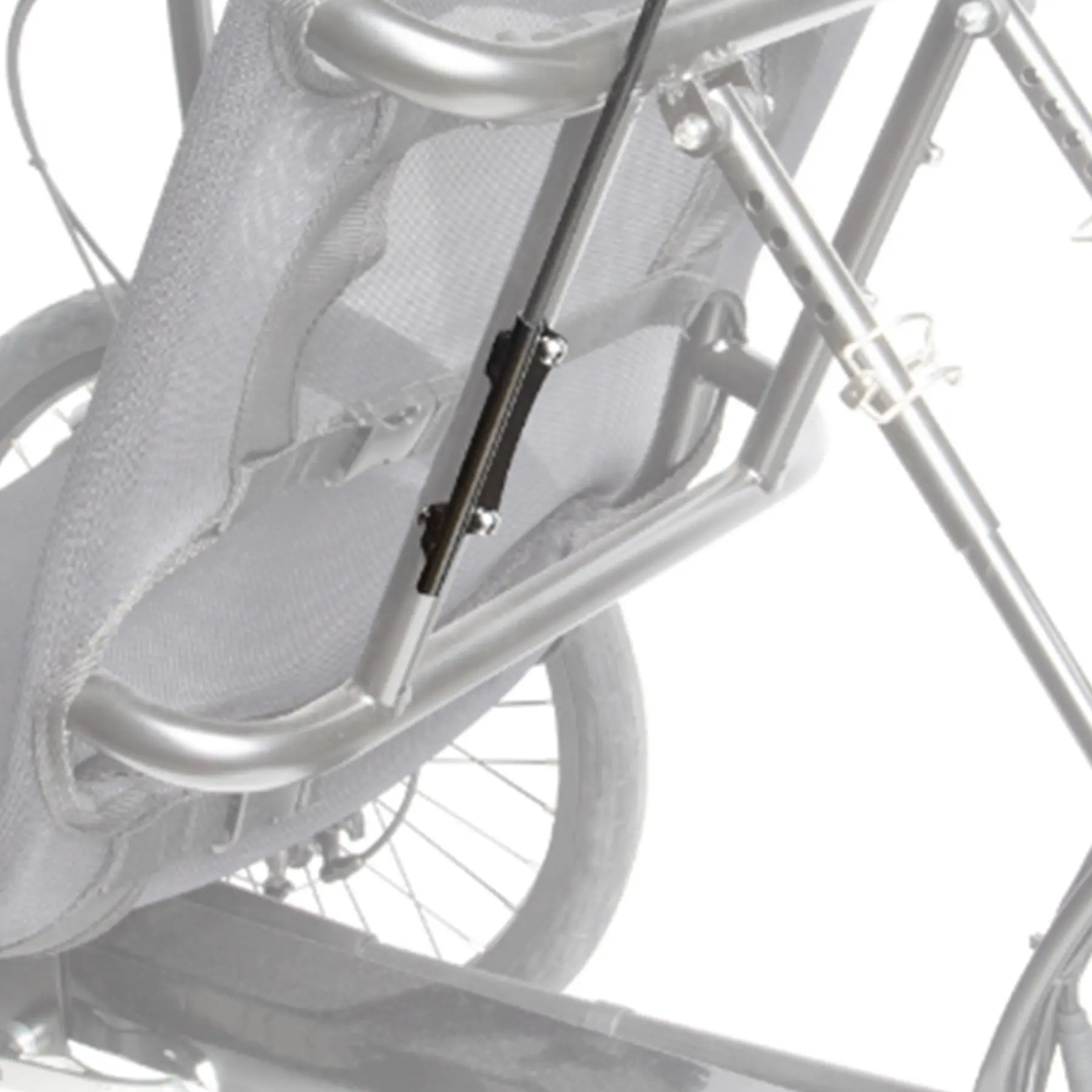 View of the Sun Seeker Safety Flag Mounting Bracket in black mounted on the back of a Sun Seeker recumbent trike seat against a white background.