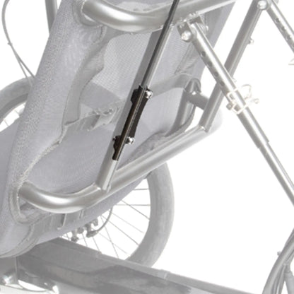 View of the Sun Seeker Safety Flag Mounting Bracket in black mounted on the back of a Sun Seeker recumbent trike seat against a white background.