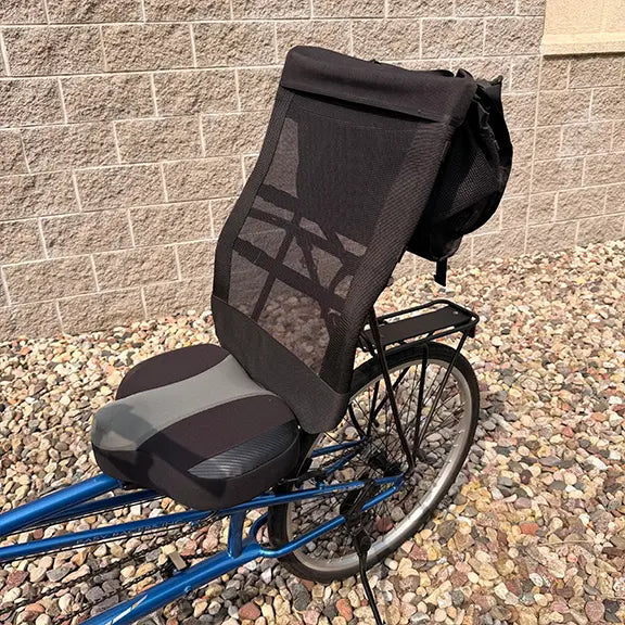Closeup view of the seat and rear rack on the Sun Seeker Used EZ-Sport CX 26-20 Lemans Blue Recumbent Bike in an outdoor setting.