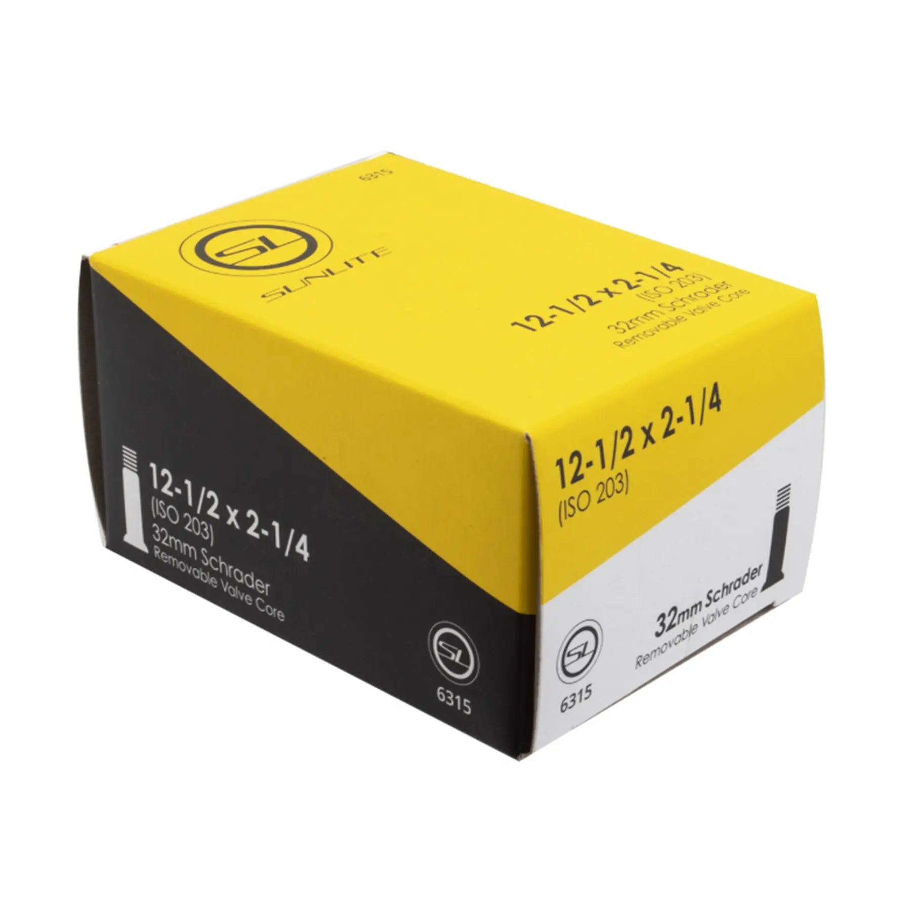 The Sunlite 32mm Valve Stem Schrader Valve Tube 12 1/2 x 2 1/4 inch (203mm) in a black, yellow and white box against a white background. 