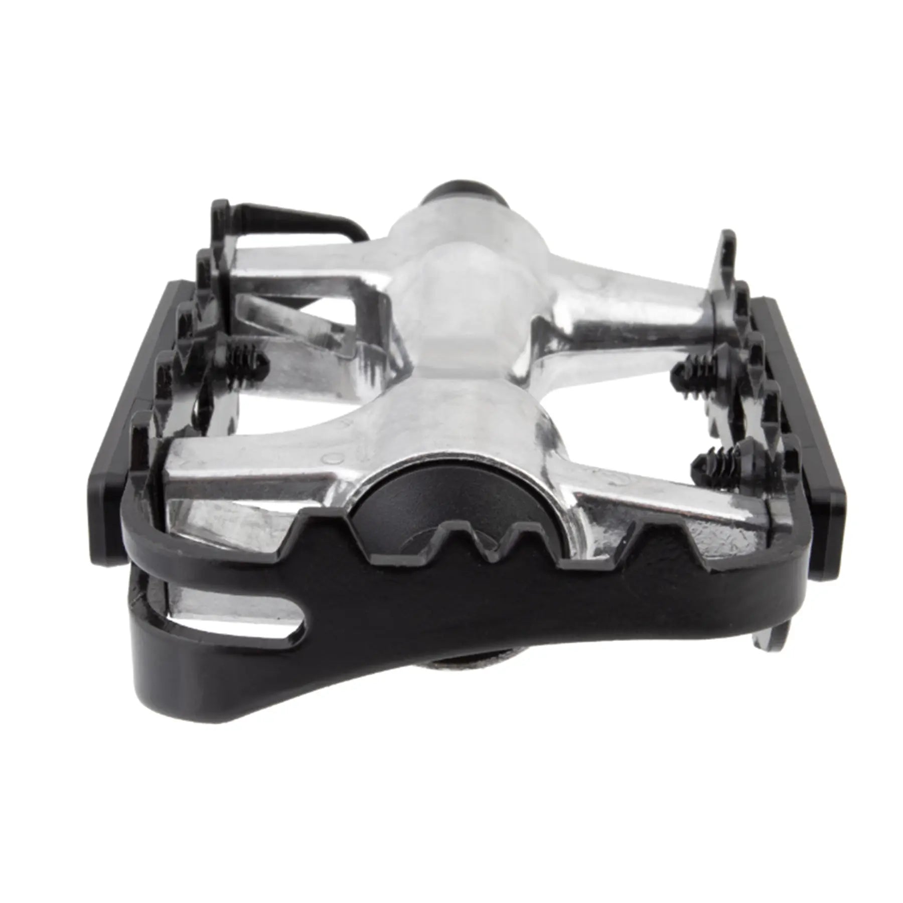 End view of the Sunlite Low Profile ATB Platform Pedals in black and silver against a white background.