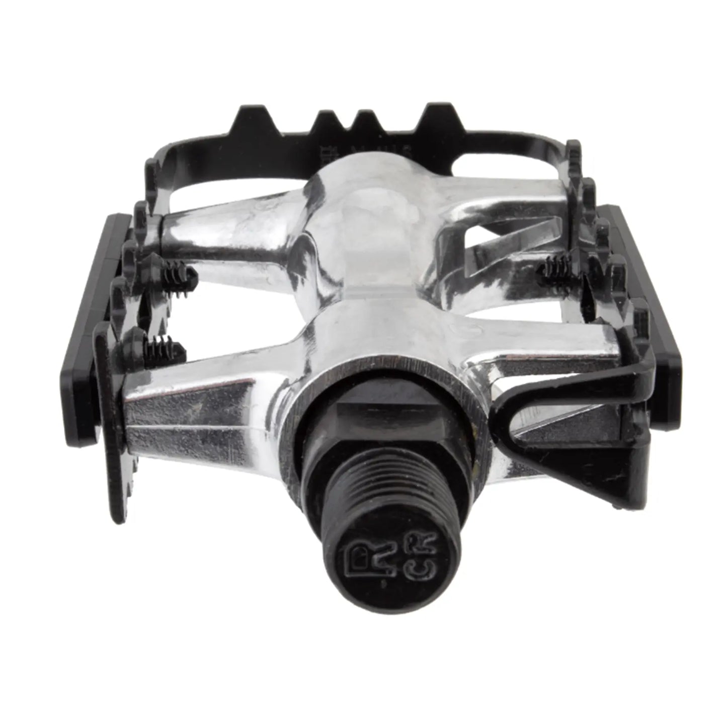 Spindle view of the Sunlite Low Profile ATB Platform Pedals in black and silver against a white background.