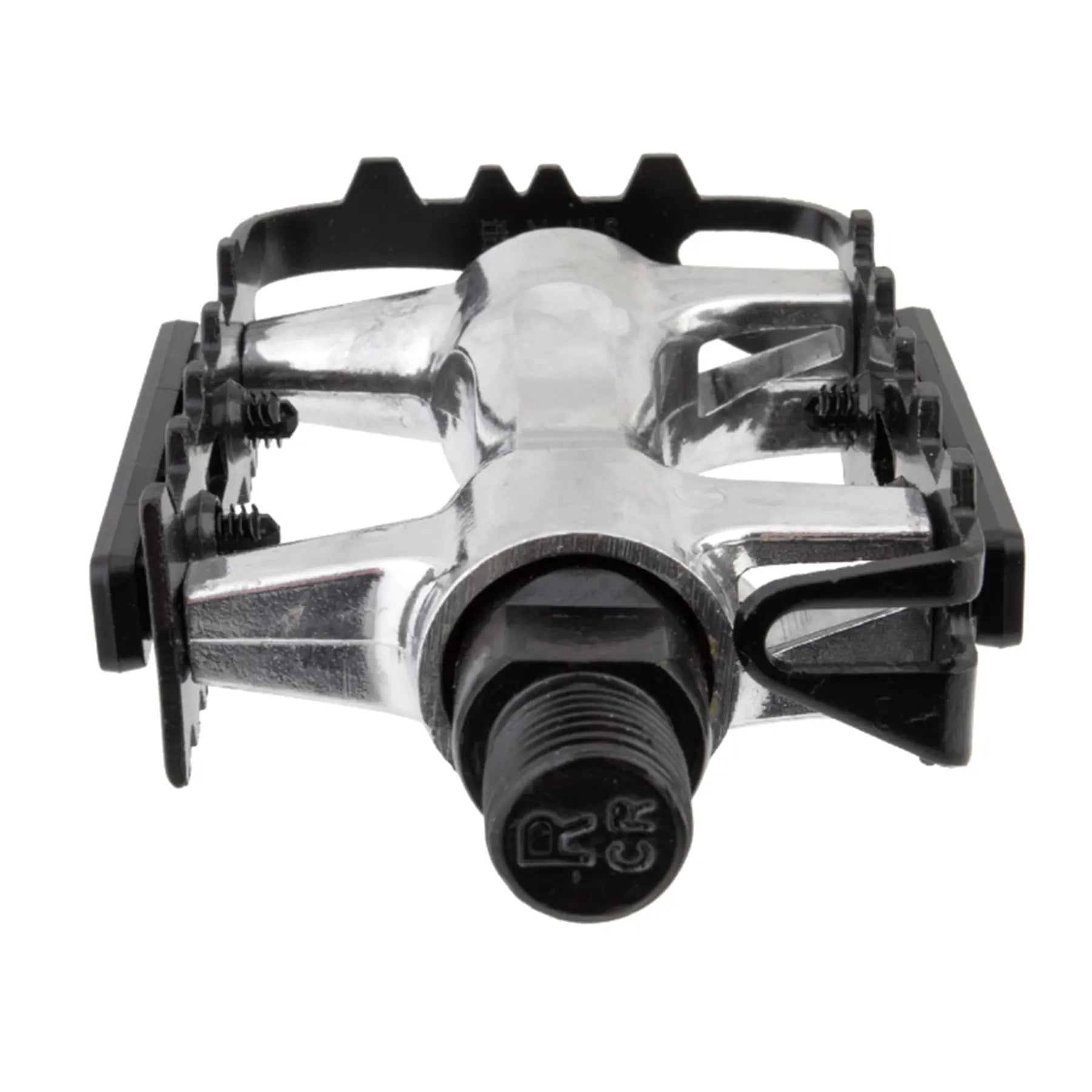 Spindle view of the Sunlite Low Profile ATB Platform Pedals in black and silver against a white background.