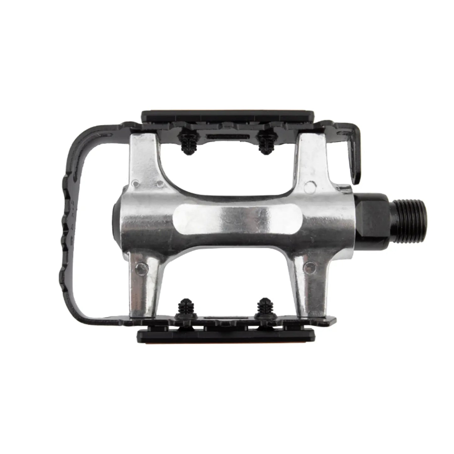 Top view of the Sunlite Low Profile ATB Platform Pedals in black and silver against a white background.