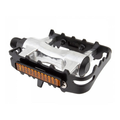 Angled view of the Sunlite Low Profile ATB Platform Pedals in black and silver with an orange reflector against a white background.