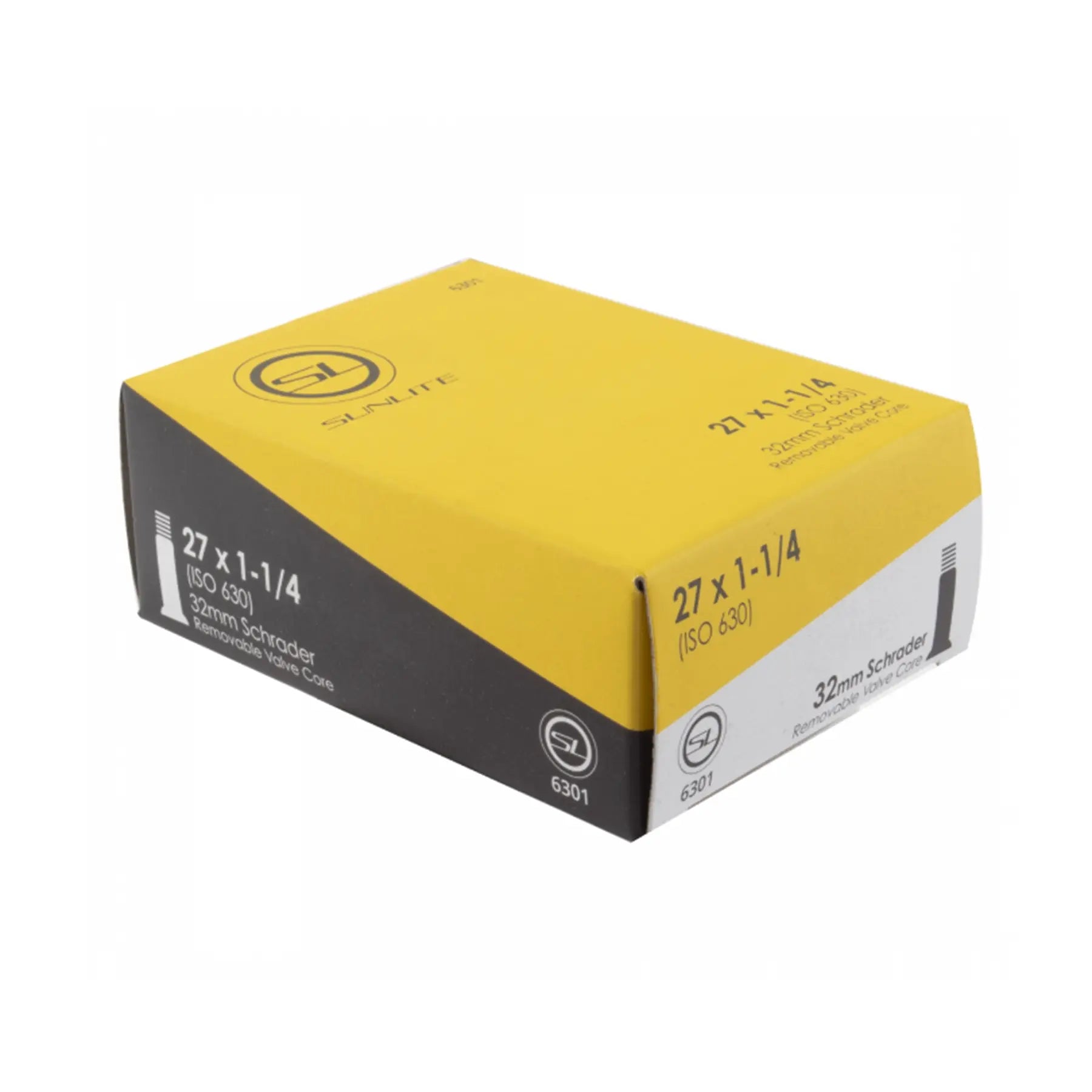 View of the Sunlite Schrader Valve Tube 27 x 1 1/4 inch (630mm) in a yellow, gray and white box against a white background.