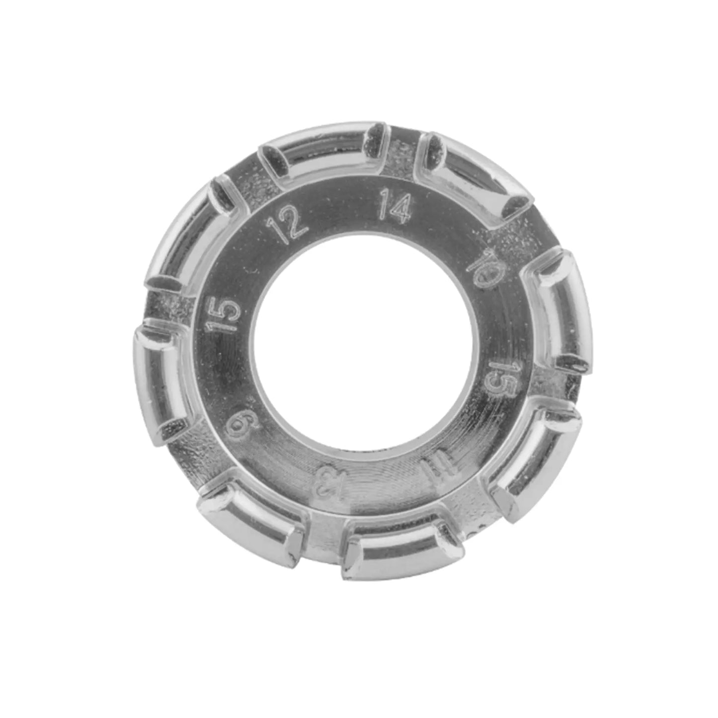 Inside view of the Sunlite Universal Round 8 Slot Spoke Wrench in silver against a white background.
