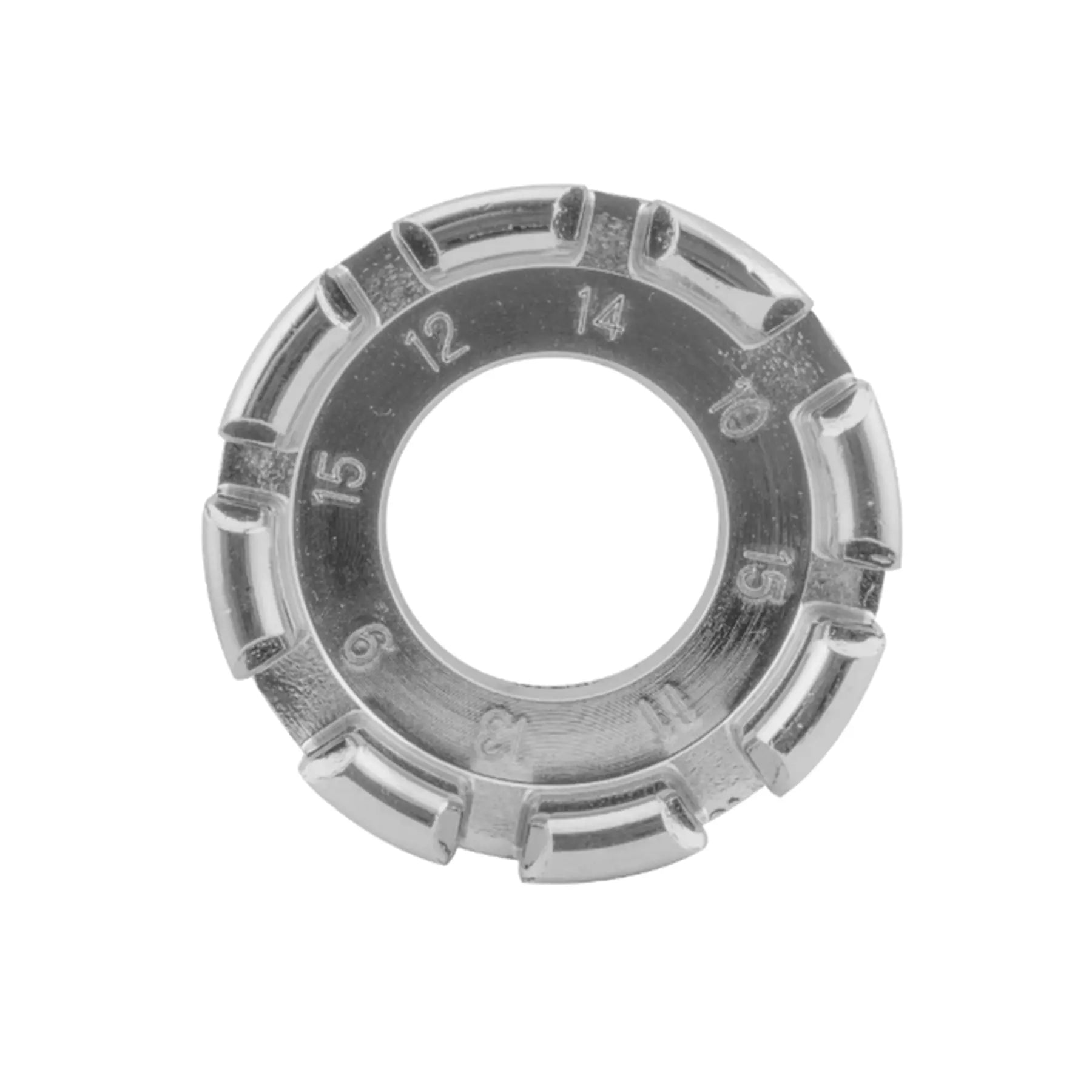 Inside view of the Sunlite Universal Round 8 Slot Spoke Wrench in silver against a white background.