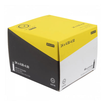 View of the Sunlite Utili-T Standard Schrader Valve Tube 24 x 4.00-4.50 inch (507mm) in a yellow, gray and white box against a white background.