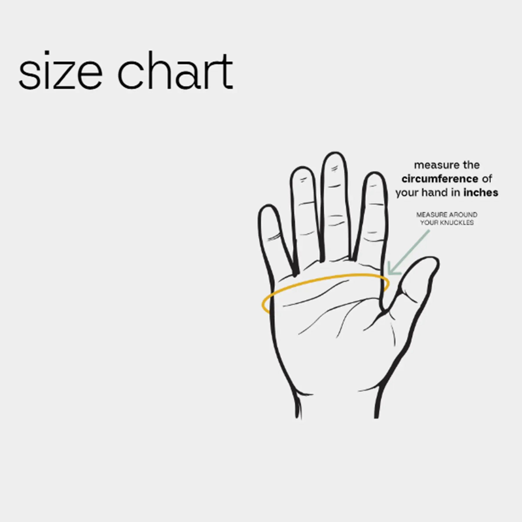 Hand size chart illustration with a hand outline and measurement guide on a white background with the text "measure around your knuckles".