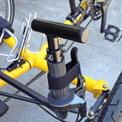 View of the T-Cycle Cockpit Mini T 3.75 inch without cable hole mounted on a recumbent trike handlebar.