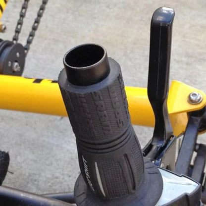 Close up view of how to cut the handlebar grip for the T-Cycle Cockpit Mini T 3.75 inch without cable hole before mounting on a recumbent trike handlebar.