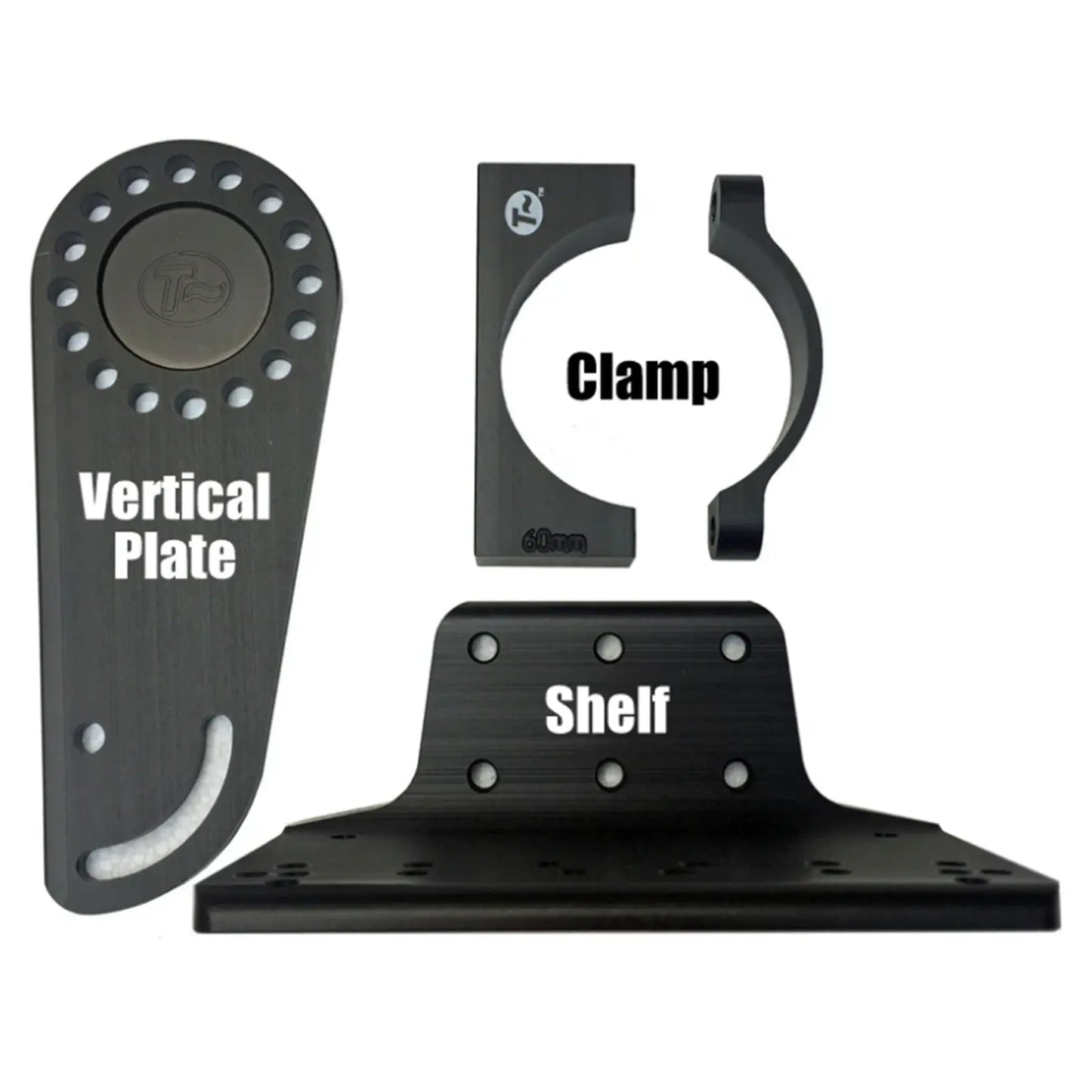 Image of the T-Cycle Configurable Battery Mount labeled components: vertical plate, clamp and shelf against a white background.