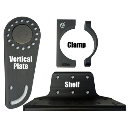 Image of the T-Cycle Configurable Battery Mount labeled components: vertical plate, clamp and shelf against a white background.