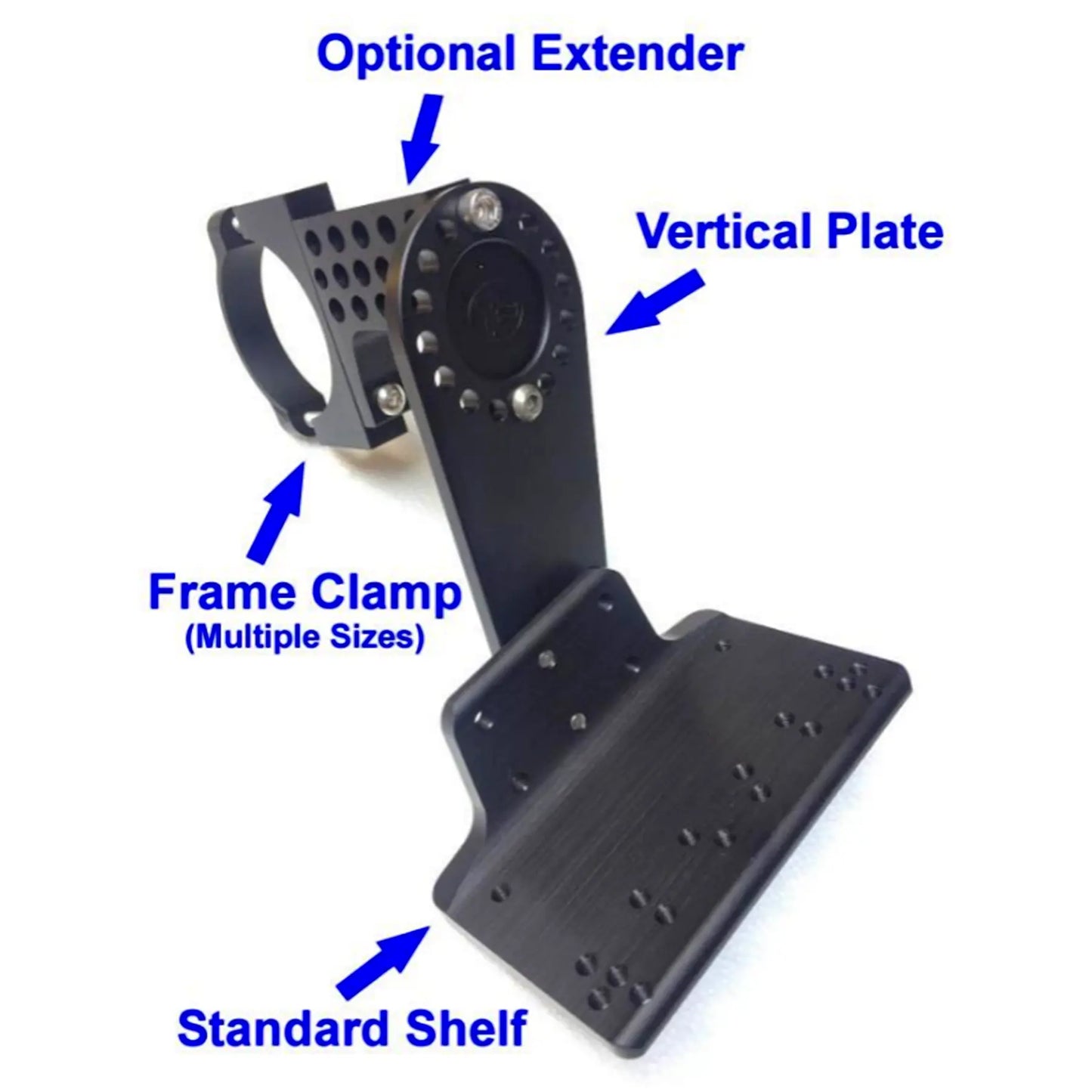Image of the T-Cycle Configurable Battery Mount labeled components: optional extender, vertical plate, frame clamp (multiple sizes) and standard shelf against a white background.