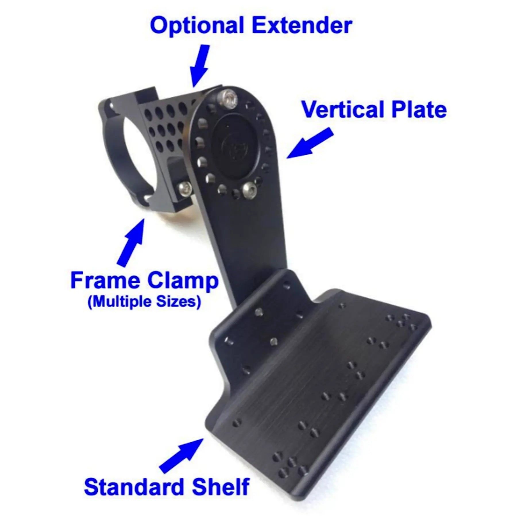 Image of the T-Cycle Configurable Battery Mount labeled components: optional extender, vertical plate, frame clamp (multiple sizes) and standard shelf against a white background.